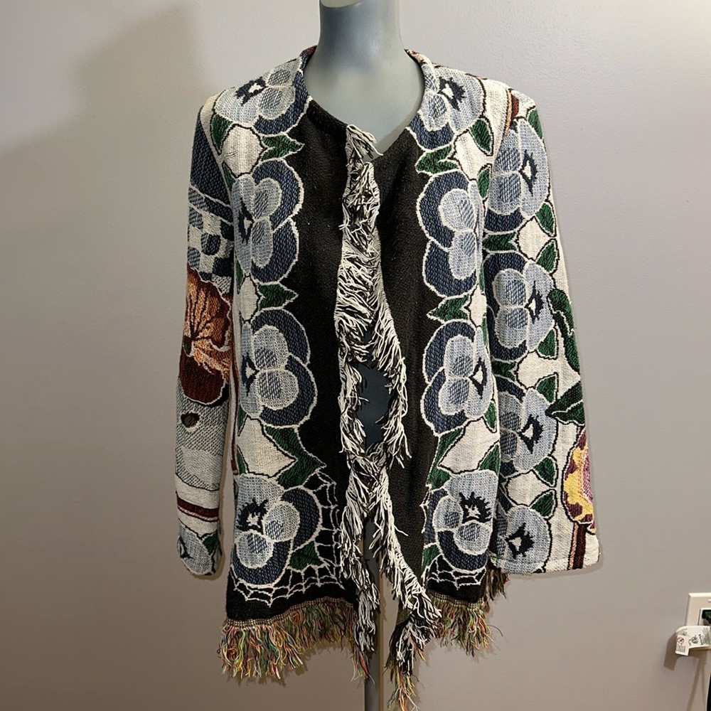 Handmade Upcycled Floral Fringe Hippie Boho Blanket Cardigan Sweater